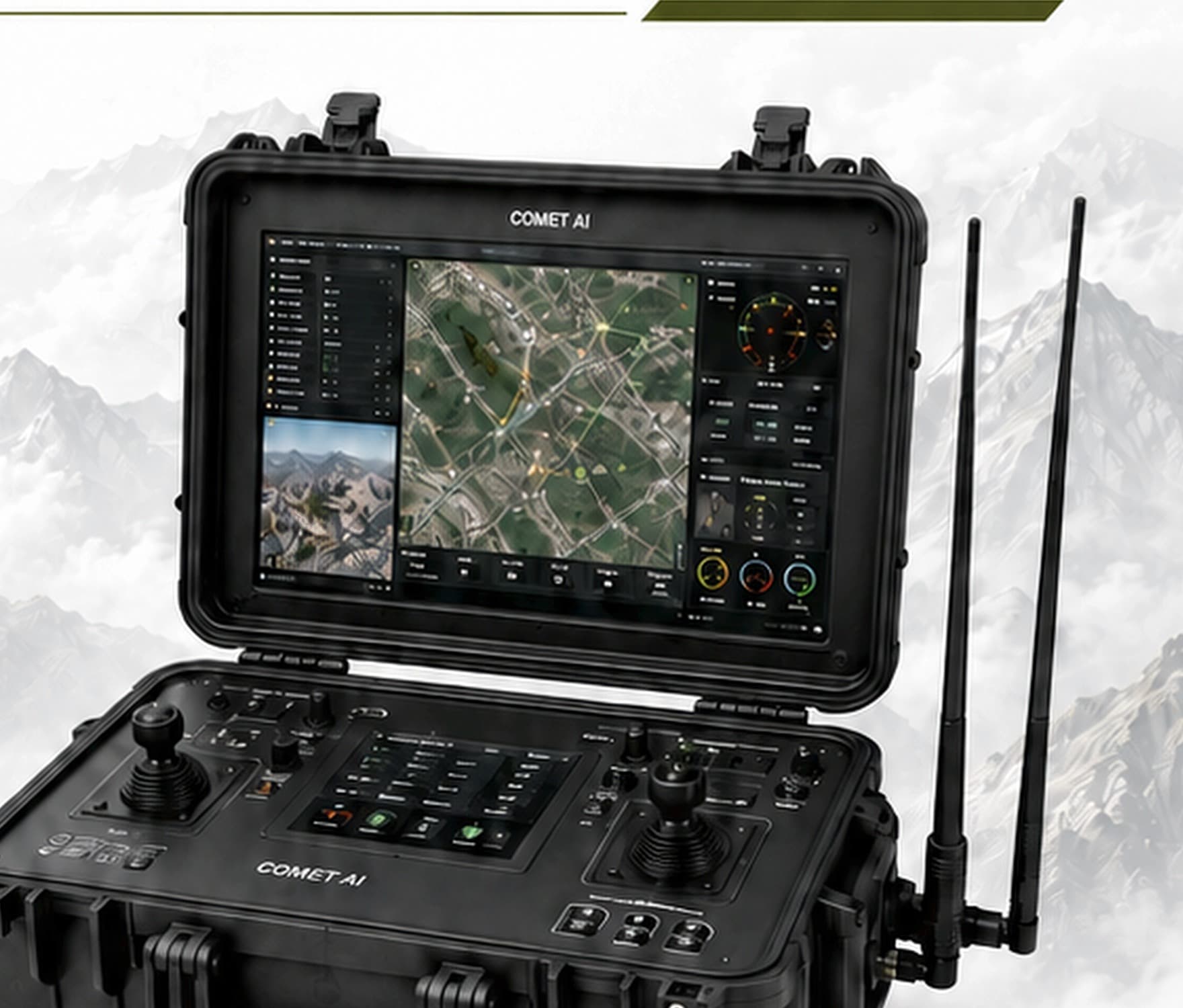 Comet AI rugged ground control station, open case with dual joysticks and mission display