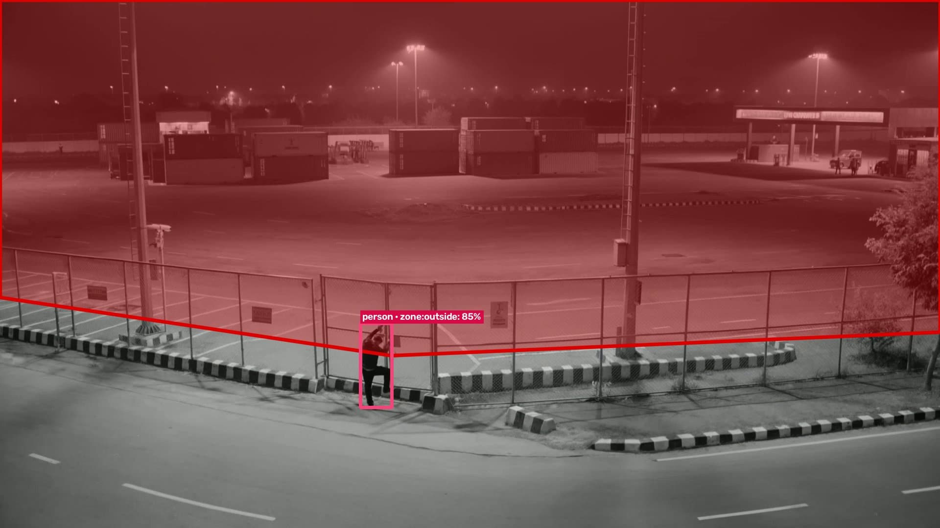 Perimeter breach detection annotated along a fence line, flagging a person crossing into a restricted zone